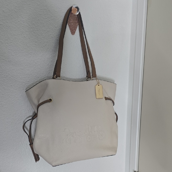 Coach Andy Cream & Brown Embroidery Pebbled Leather Tote (METAL HANGTAG)(EUC)🤎✨ - Picture 2 of 13